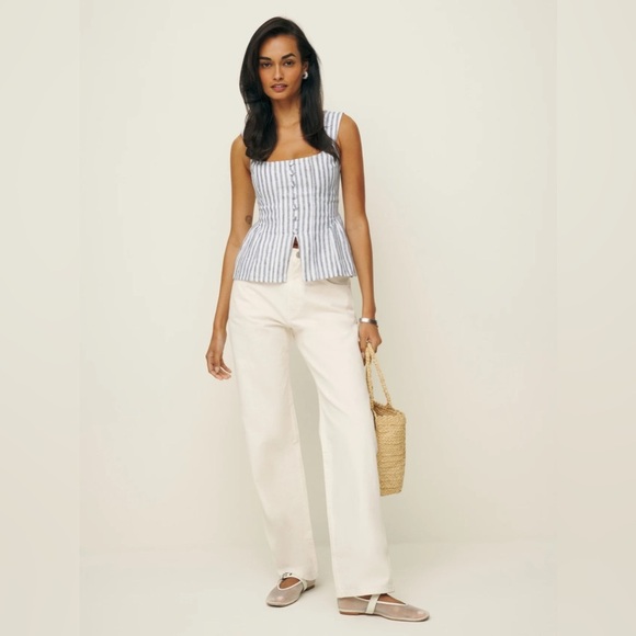 Reformation Evie Linen Top in Antibes Stripe Blue White Stripes | US 0 UK 4 - Picture 4 of 10